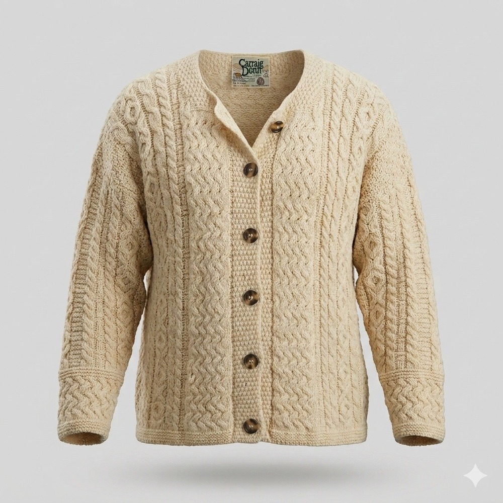Carraig Donn Aran Vintage Wool Cable Knit Cardigan Sweater Mens L XL Ireland 90s